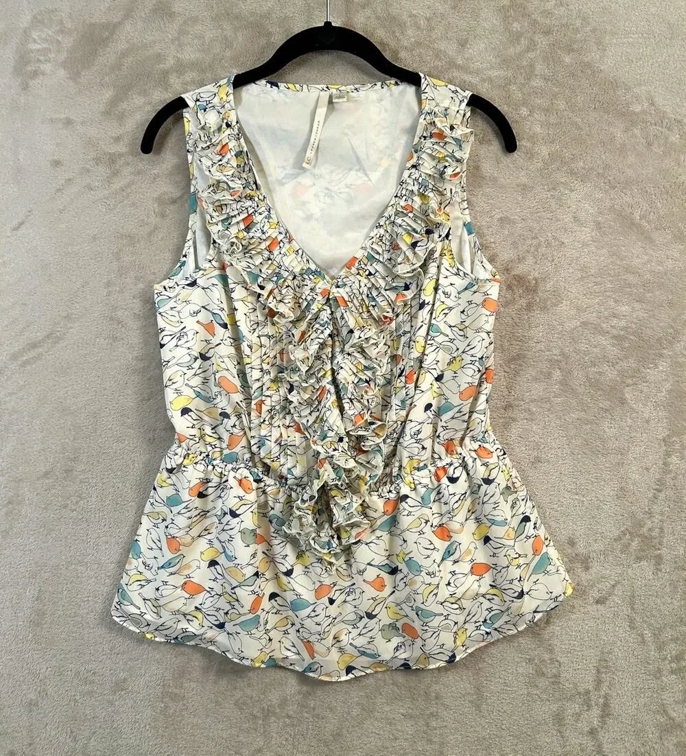 LC Lauren Conrad Pastel Bird Print Ruffle Peplum Blouse Size Large Cottagecore